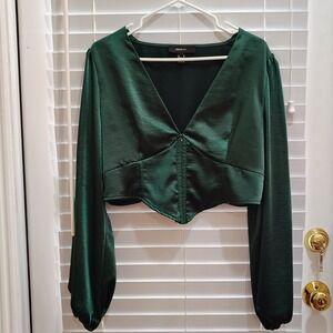Satin Long Sleeve Corset Crop Plus Size Top Womens 0X Green Blouse Regencycore